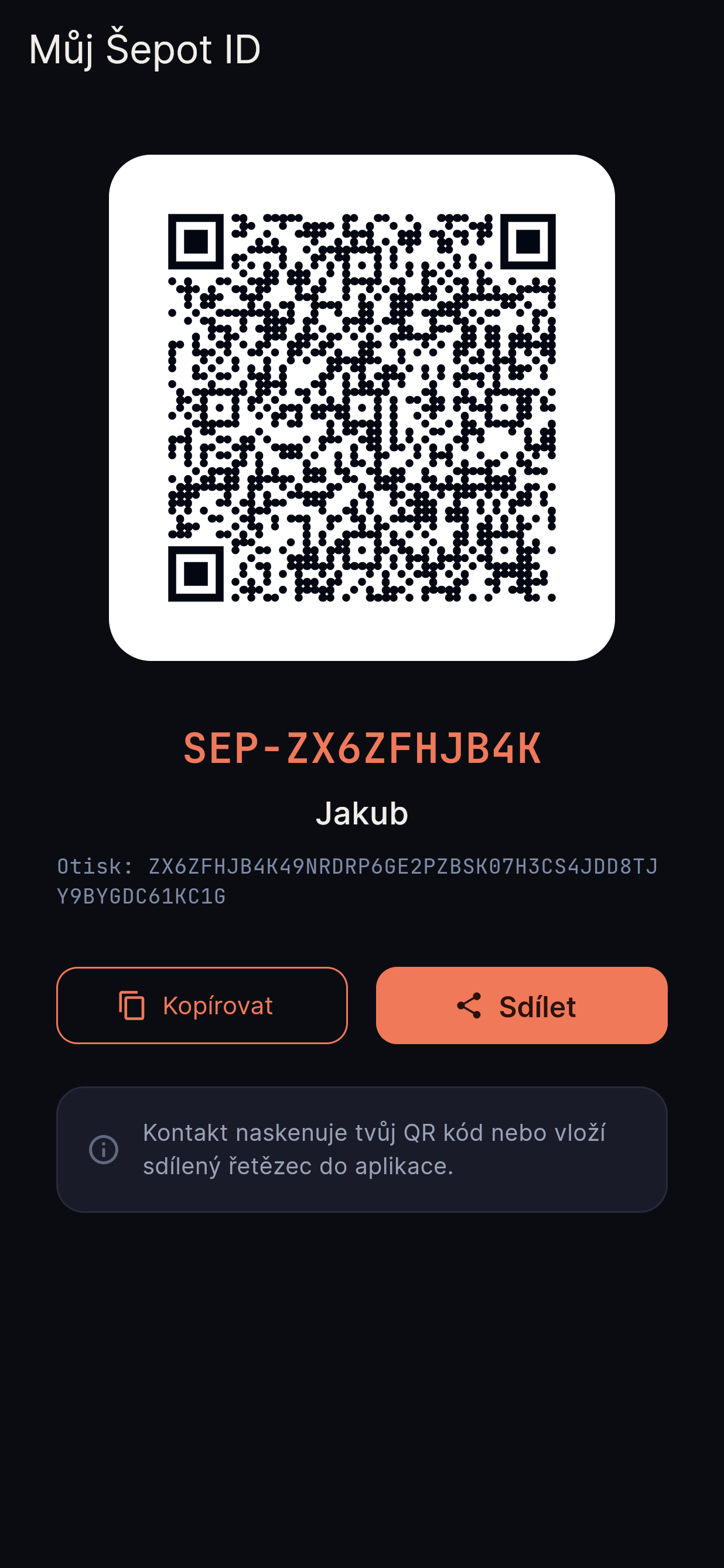 Sdílení kontaktu přes QR kód — Šepot ID