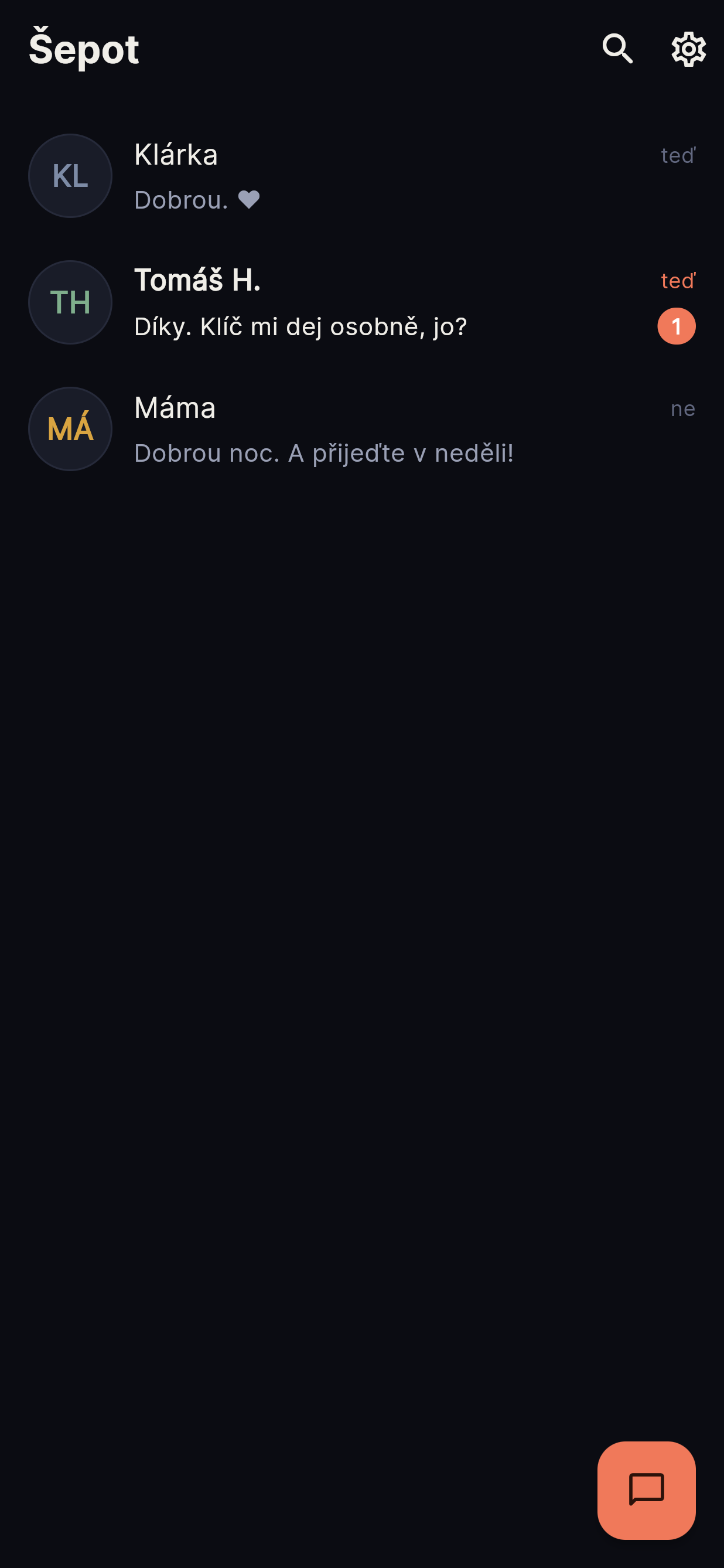 Seznam konverzací v aplikaci Šepot